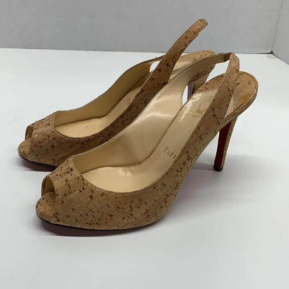 Christian Louboutin Peep Toe Sling Back Light Brown Cork Heels Size 35.5 | 5.5 - Picture 6 of 14